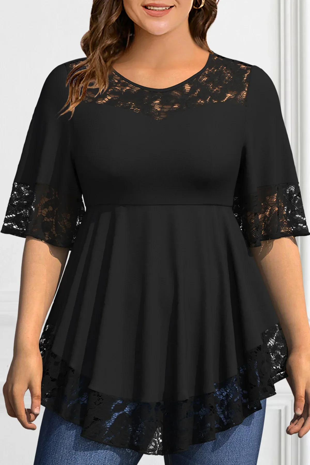 Женская футболка больших размеров модный кружевной пуловер с короткими рукавами