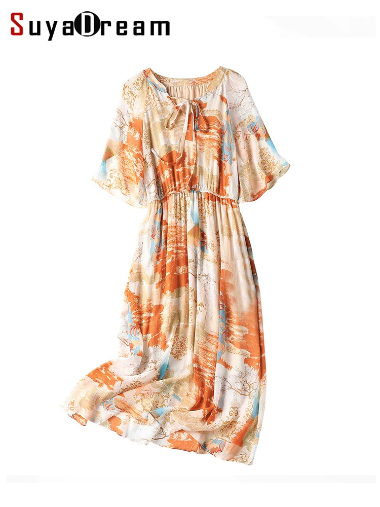 

SuyaDream Women Long Floral Dresses 100%Silk Georgette A-line Flare Sleeves Beach Dress 2022 Spring Summer Holiday Clothes