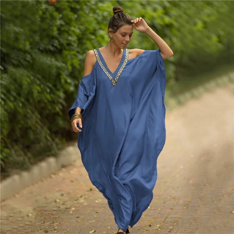 

V-neck Embroidered Beach Dress Off-shoulder Loose Sunscreen Shirt Dress Women Seaside Holiday 2023 Spring Summer New Style Blue