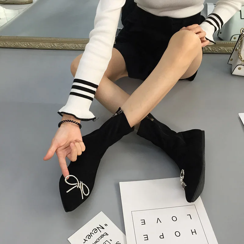 Glitter Crystal Bow-knot Flat Heels Chelsea Boots Women Slim Black Socks Botas Pointed Toe Side Zipper Ankle Short Botines Femme