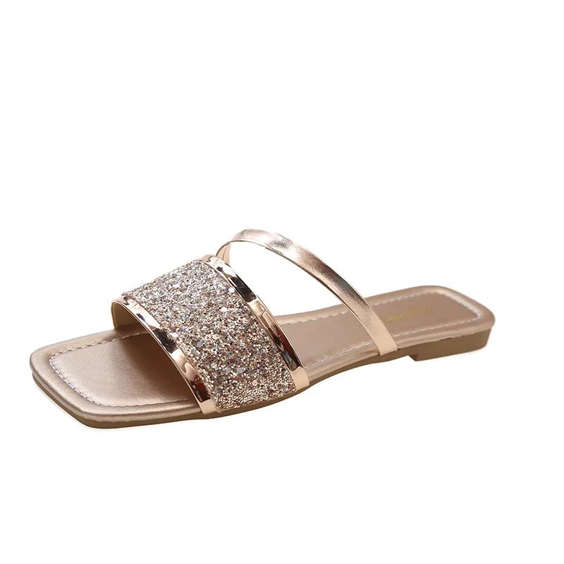 Shoes for Women 2023 Hot Sale Basic Women's Slippers Summer Square Toe Sequin Women Sandals Outdoor Beach Slippers Zapatos Mujer