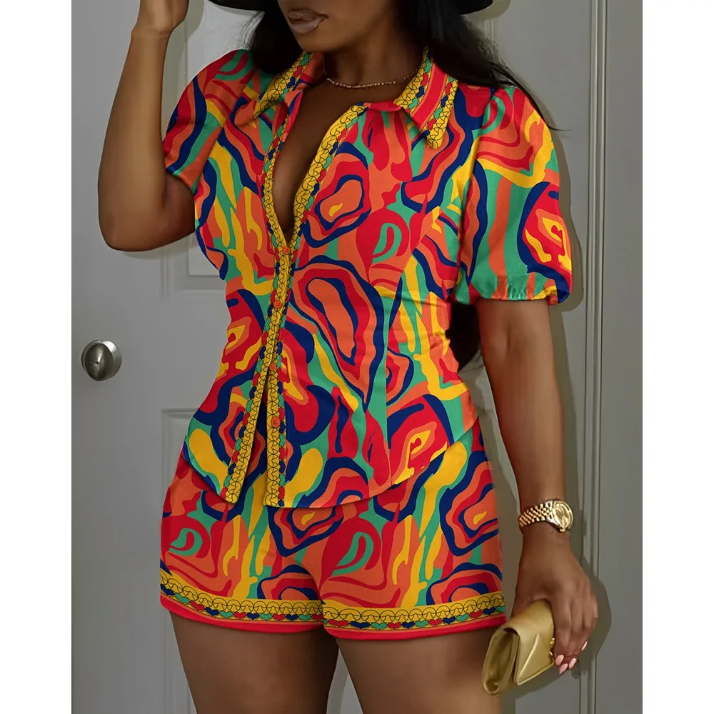 

Wepbel Printed Shirt Top Women Shorts Suit Two Piece Sets Puff Sleeve Top Pocket Stitching Shorts Summer Tshirt Top Short Pants