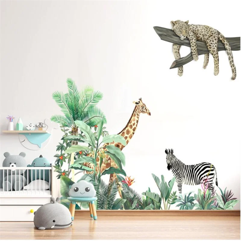 

Large Jungle Animals Wall Stickers For Kids Rooms Boys Room Bedroom Decoration Big Size Giraffe Leopard Zebra Tree Wallpaper