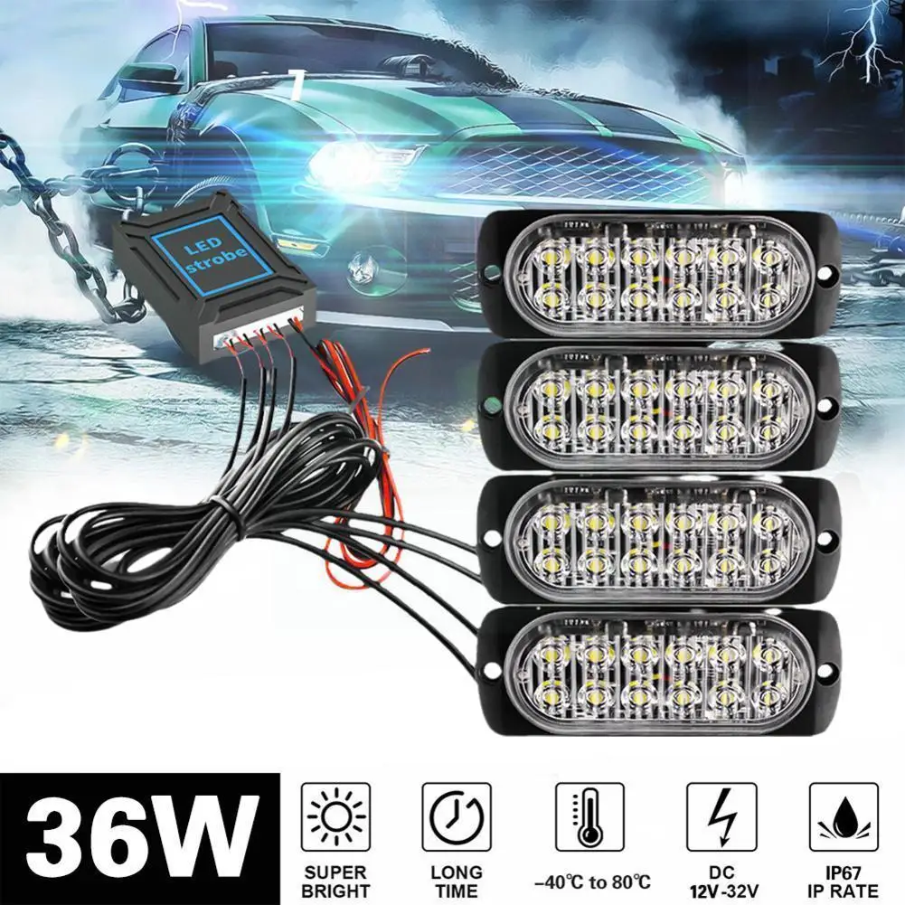 

4 In 1 LED Emergency Warning Light 12-24V Strobe Light Amber/White with Remote Police Flash Grille Light for Car Truck Boat P3U7