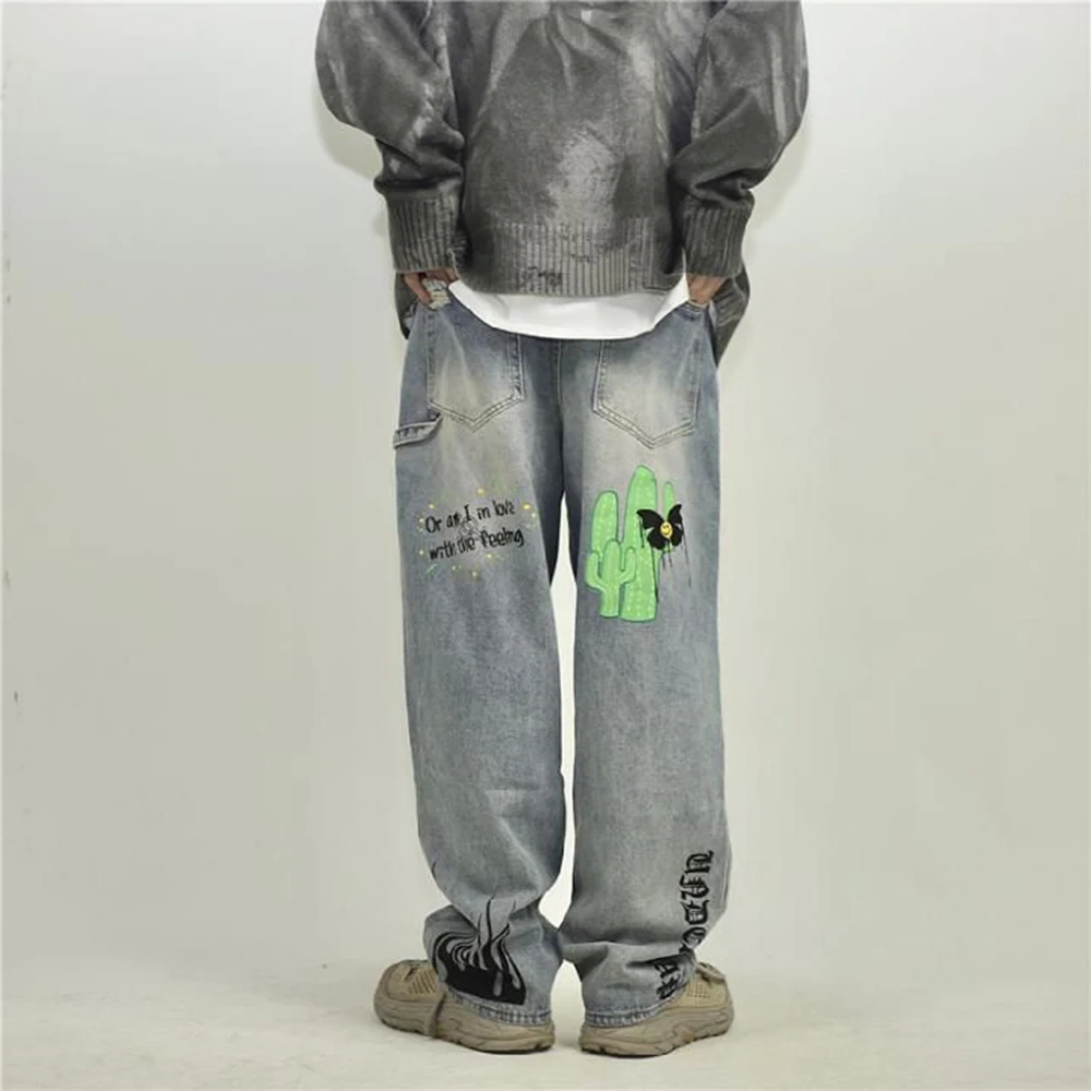 Skull Men Jeans High Street Hip Hop Print Loose Oversize Wide Leg Jeans Unisex Japanese Grafitti Casual Letter Straight