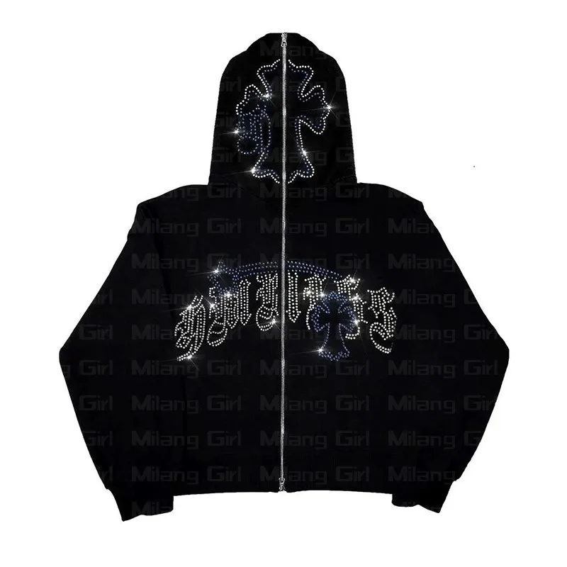

Hoodie Fashion Hoodie Rhinestones Y2K Men Hoodies Long Print Goth graphics Top Sleeve Zip letter Sweatshirt Oversized clothes