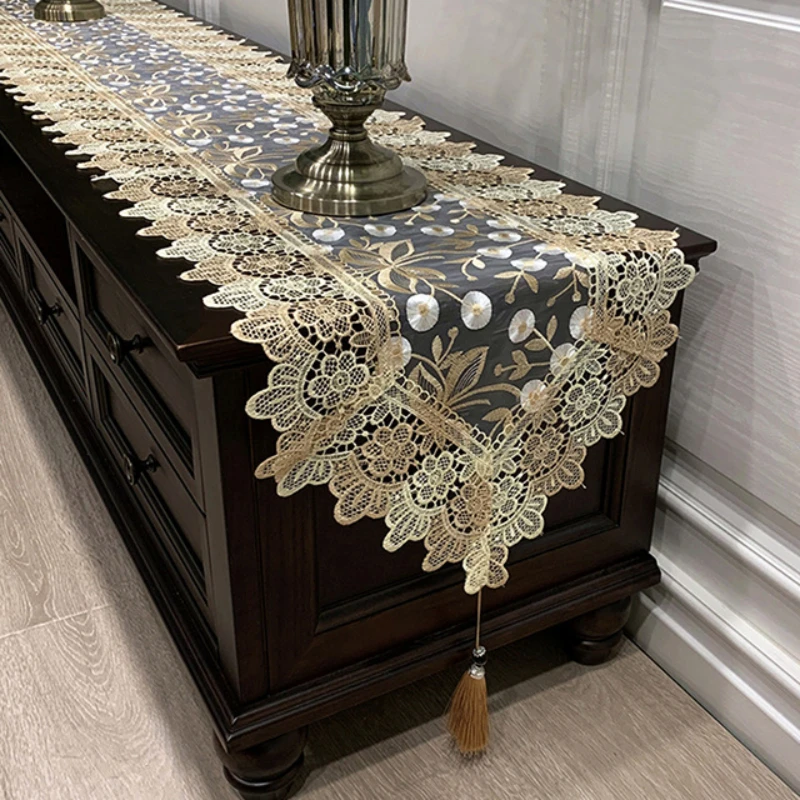 Lace Table Runner Decoration for Home Embroidered TV Cabinet Tablecloth Pendant Tassel Dresser Table Dust Cover Manteles De Mesa