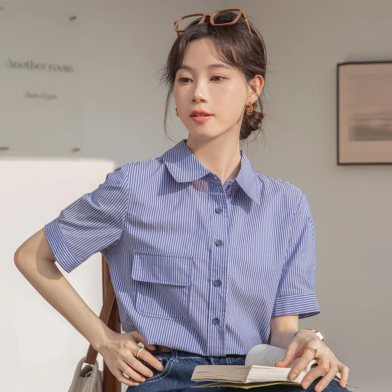 Женская рубашка с коротким рукавом и отложным воротником Офисная Повседневная