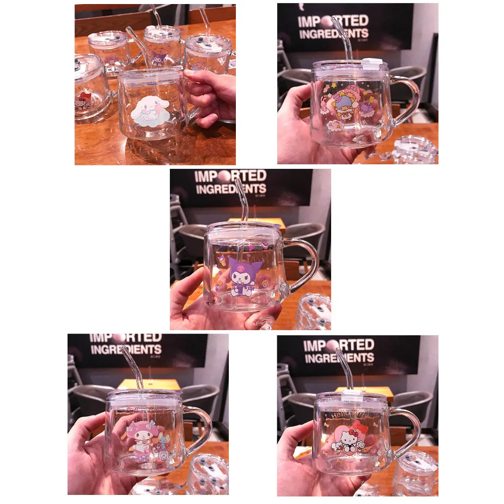 

Kawaii Sanrios Cinnamoroll My Melody Hellokittys Littletwinstars Kuromi Cute Cartoon Anime with Lid Straw Home Milk Water Cup