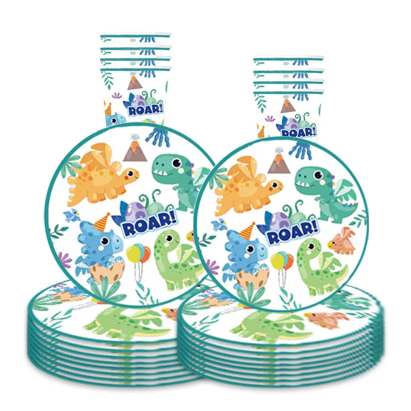 

10pcs Cartoon Dinosaur Disposable Tableware Cute Cartoon Dinosaur Plates Cups Kids Happy Roar Dino Theme Birthday Party Supplies