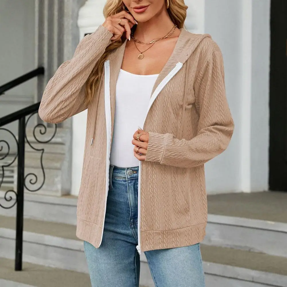 

Women Coat Soft Hooded Drawstring Sweater Coat Solid Color Long Sleeve Zip Up Jacket Thick Pockets Loose Knitted Outerwear