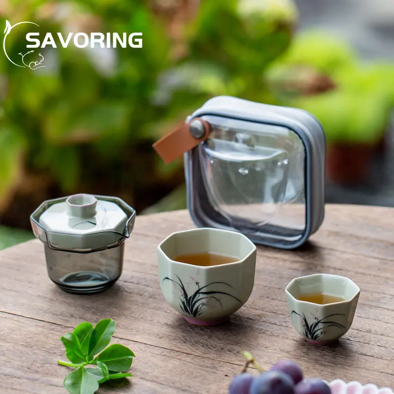 

Dehua Plant Ash Hand-painted Ceramic Travel Tea Set Portable One Pot Two Cups Square Edge Cup Travel Tea Set Kung Fu Tea Set