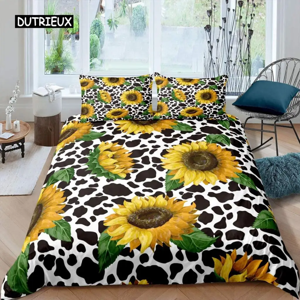 Sunflower Duvet Cover Set Queen Milk Cow Comforter Black White Abstract Bedding Plant Leaf Polyester Quilt