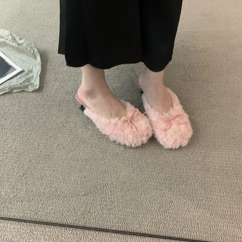 

French Gentle Style Furrly Mules Slippers Women's Round Head Thin Heel Butterfly-knot Fashion Outdoor Ladies Elegant Party Dress