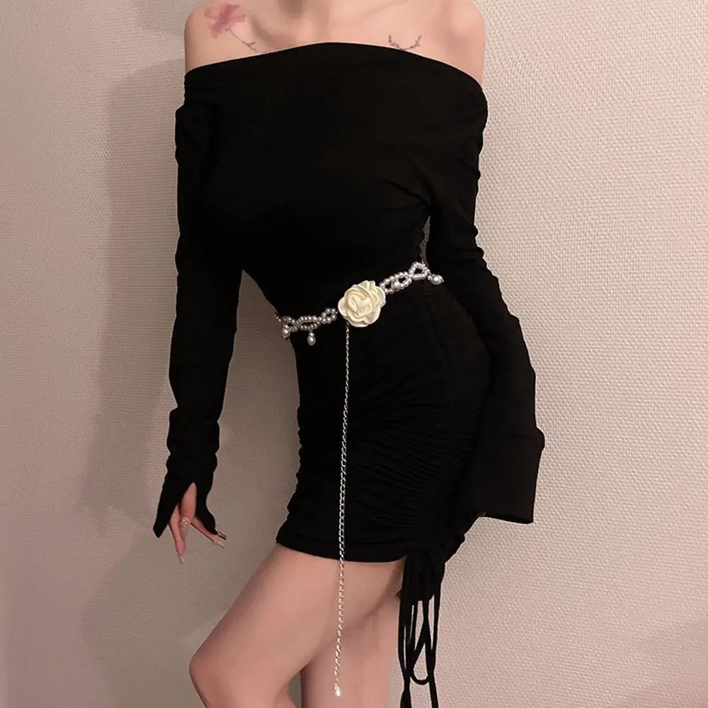 

Belts Pearl Silver Camellia PU Leather Gold Body Chain Metal Waist Belts Waist Corset Chain Belts Women Waist Chain