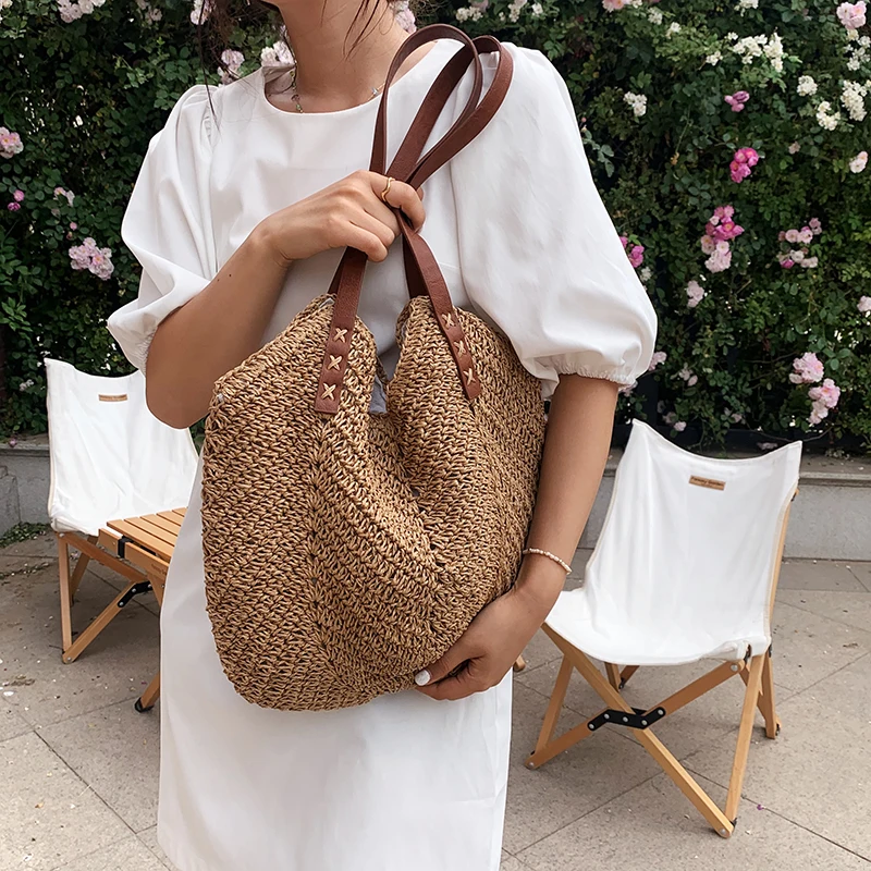 

Casual Large Capacity Straw Tote Bag Hollow Woven Women Shoulder Bags Summer Beach Lady Handbag Big Shopper Bag Travel Sac 2022