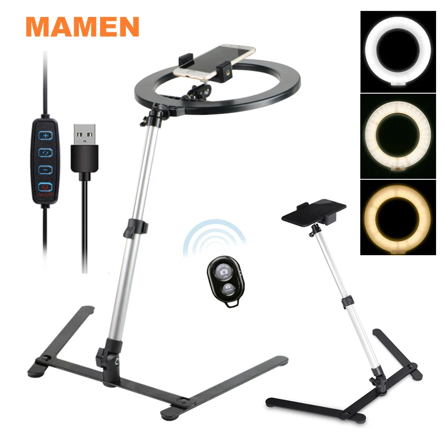 

Photography Adjustable Table Stand LED Ring Light Set Tripod Top Mini Monopod+Phone Clip Tripod with Mobile for Live Streaming
