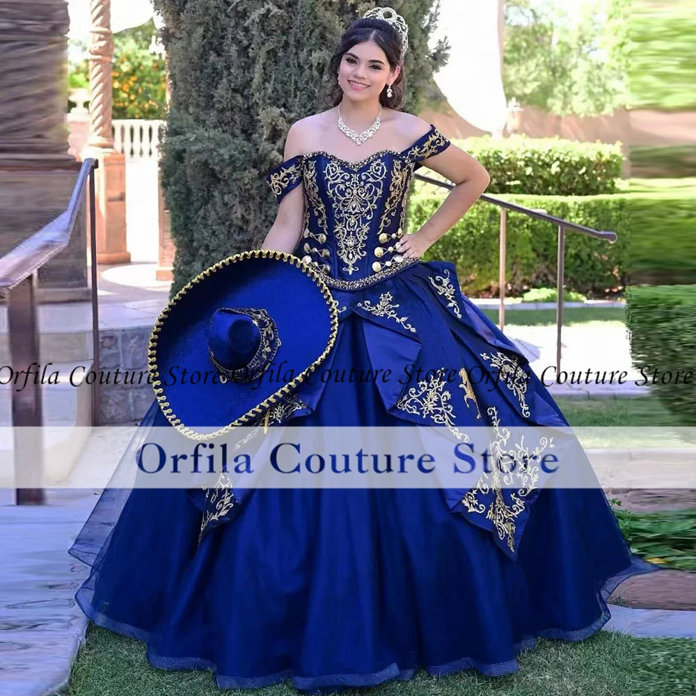 Мексиканское платье Quinceanera платья 15 лет темно-синее из двух частей с аппликацией