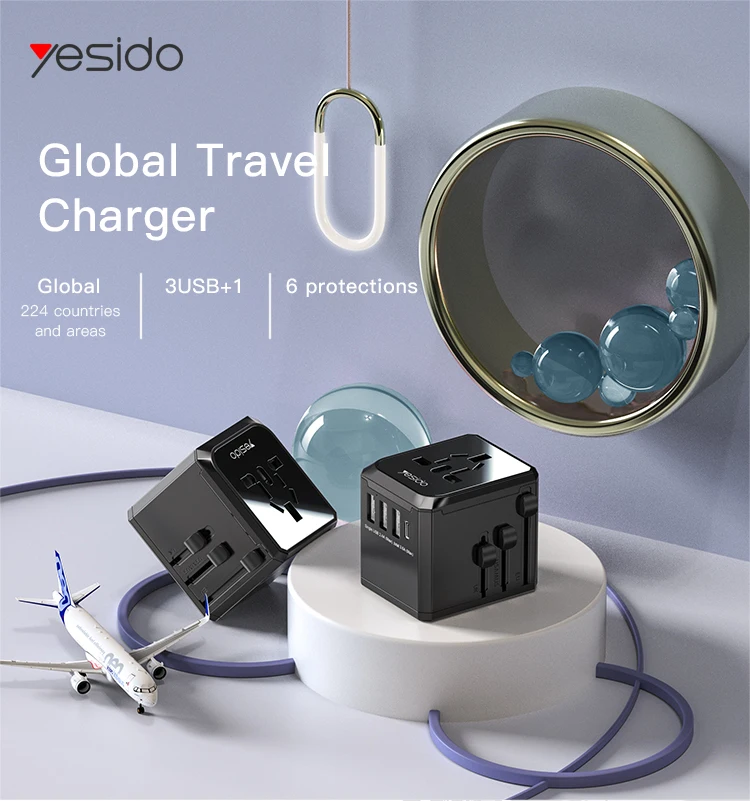 

Yesido Universal Travel Adapter 8A Fuse All-in-one Travel Charger with 3 USB Ports and 1 Type-C Wall Charger for US EU UK AU