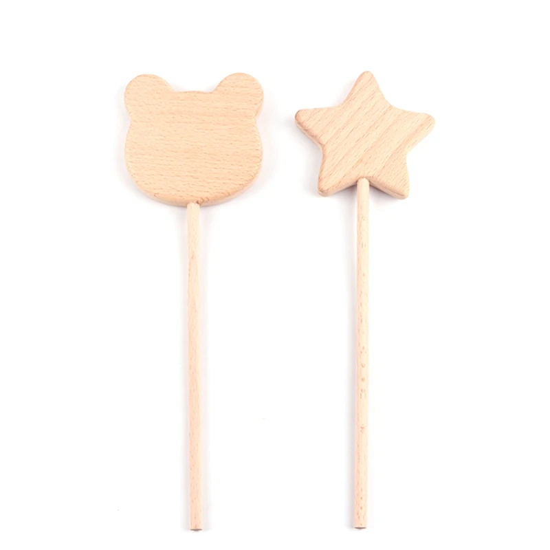 

57EE Wooden Teether Stick Large Star Bear Beech Wood Teething Toy Ornament for Baby Girls Boys Teething Pain Relief Appease Gift