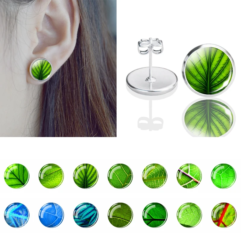 

Summer Fashion Stud Earrings Fresh Green Leaf Series Glass Dome Earrings for Women Girls Jewelry Leaf Vein Pattern Earrings