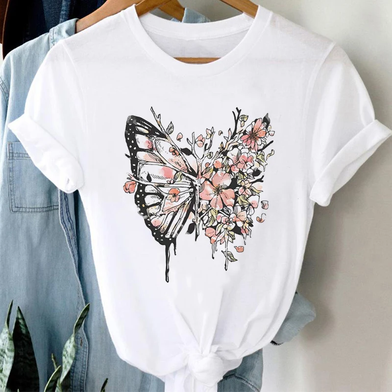 

Women Tshirt Flower Butterfly Cartoon Printing Fashion T Shirt female Clothes Summer Short sleeve Graphic Ladies T-shirt Tops