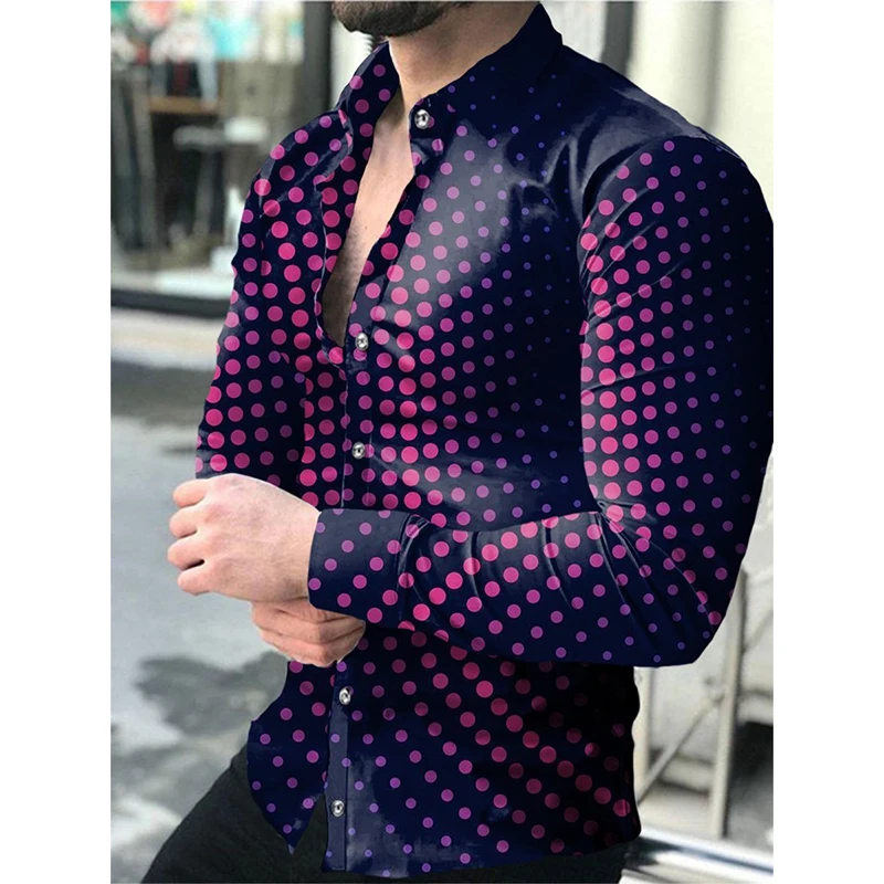 

Vintage Polka Dots Print Mens Casual Shirts 2023 Spring Summer Loose Buttoned Lapel Long Sleeve Shirt Men Clothes Fashion Tops