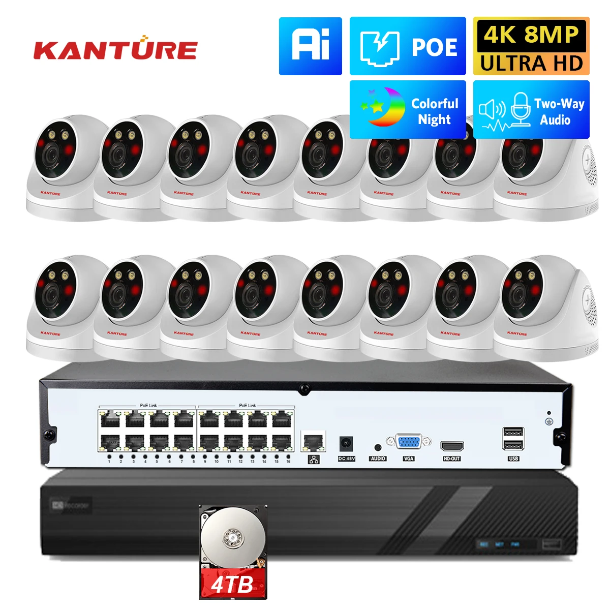 

Система видеонаблюдения KANTURE, 16 каналов, 4K, 8 Мп, двустороннее аудио, цветная Купольная IP-камера POE для улицы, комплект NVR для ночного видеонабл...