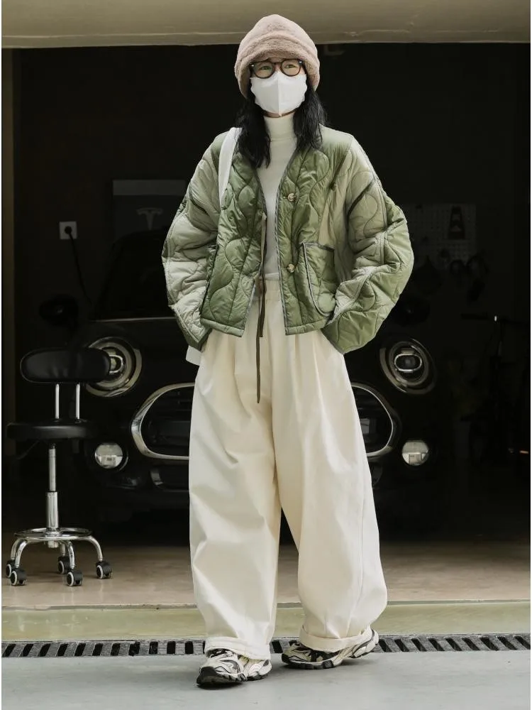 2022 Fall Winter Bat Sleeve Short Contrast Color Cotton-Padded Jackets Parkas Women Loose Profile Light Leisure Warm Coats