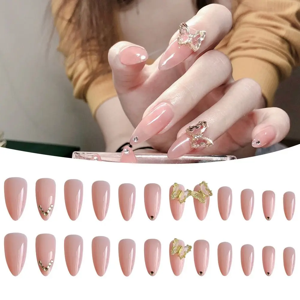 

HEALLOR 24Pcs Butterfly Wearable Gel Press On Almond Shape Finished Fingernail Detachable Fake Nail Tips False Nail Tips