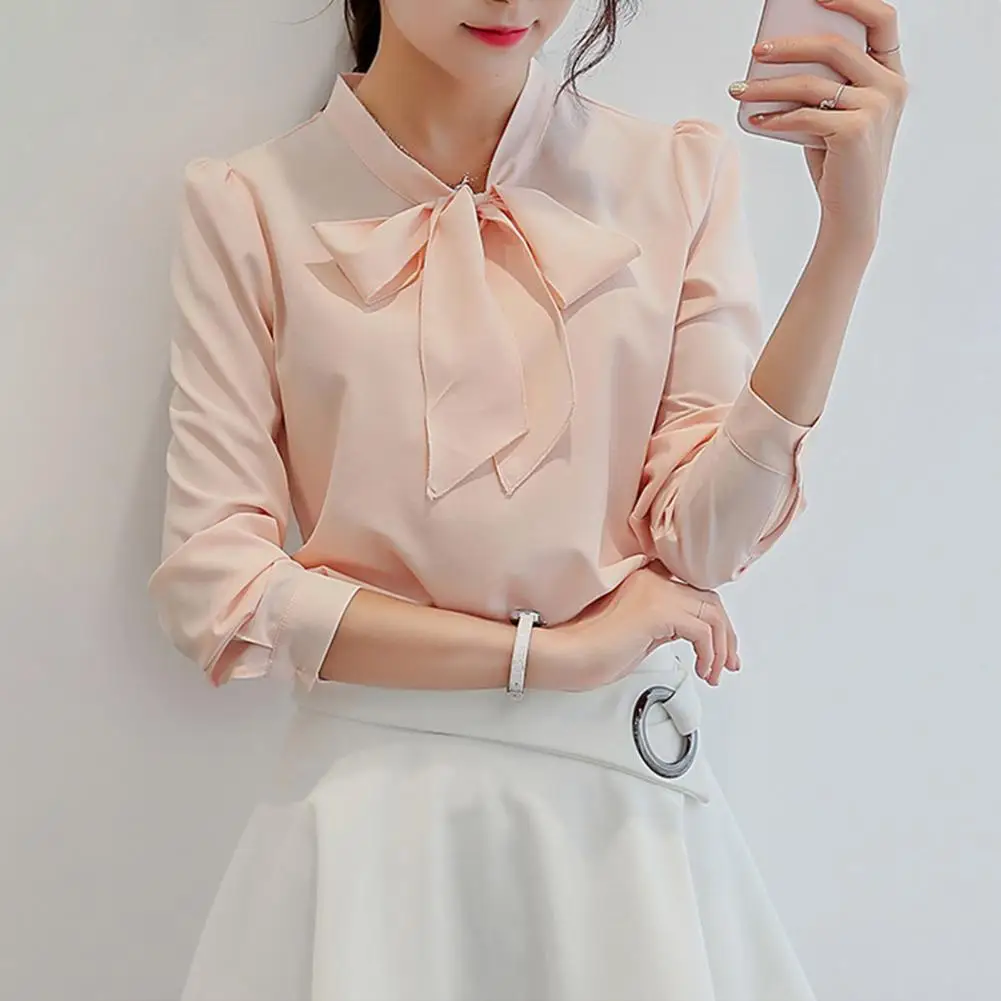 

Soft Women Shirt Chic Lace-up Collar Chiffon Blouse Stylish Spring/summer Women's Workwear with Bowknot Detail Long Sleeves