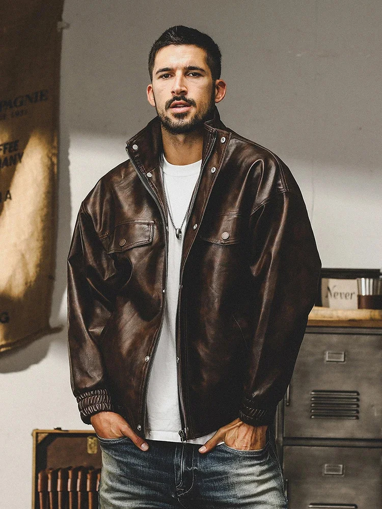 Куртка мужская из мягкой ПУ кожи Классическая свободная мотоциклетная куртка в