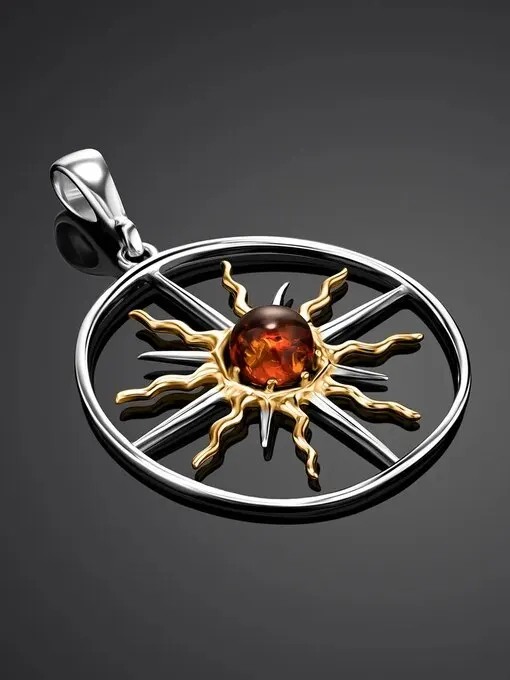 Оригинальный кулон из серебра с позолотой украшенный янтарём Алхимия - купить по