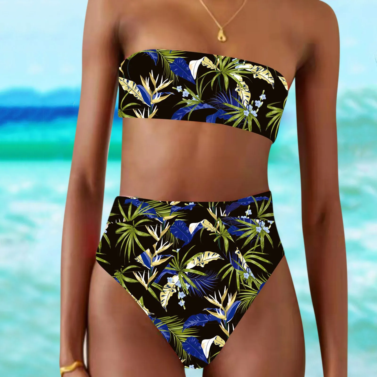 

Sexy Split Swimsuit Tube Top Two-piece Suits Women's Bikini High Waist Floral Swimsuit Bikini Strapless Beachwear Swimwear