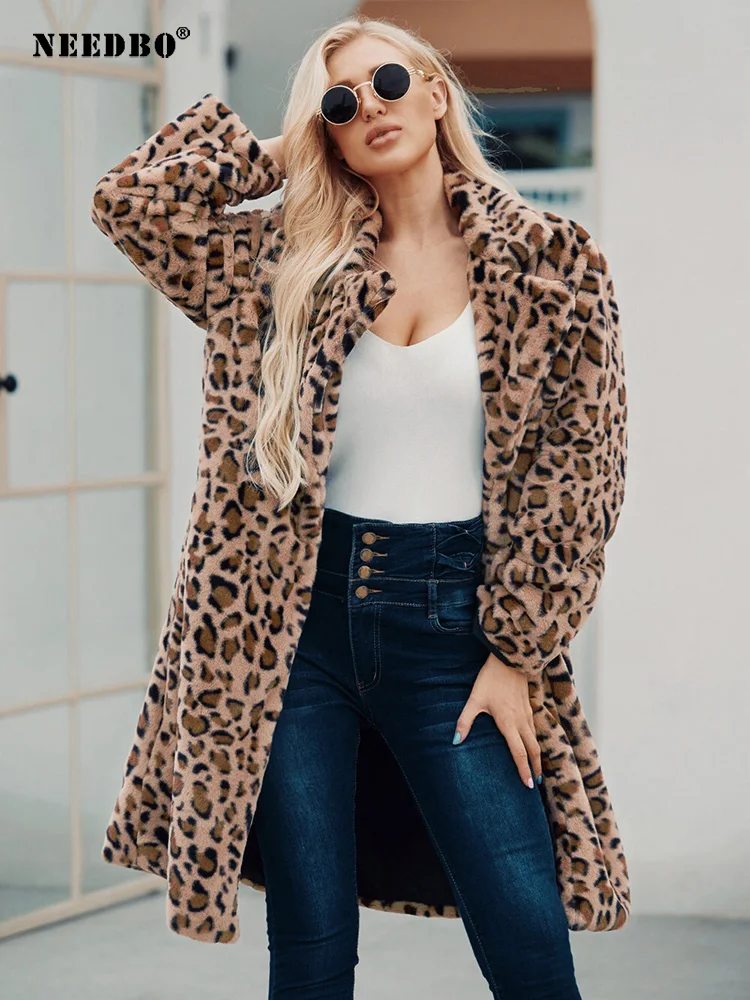 NEEDBO Fashion Woman Long Sleeve Leopard Print Knitted Cardigan Coat Womenes Sweater Warm Fluffy Plush Loose Outwear Jackets
