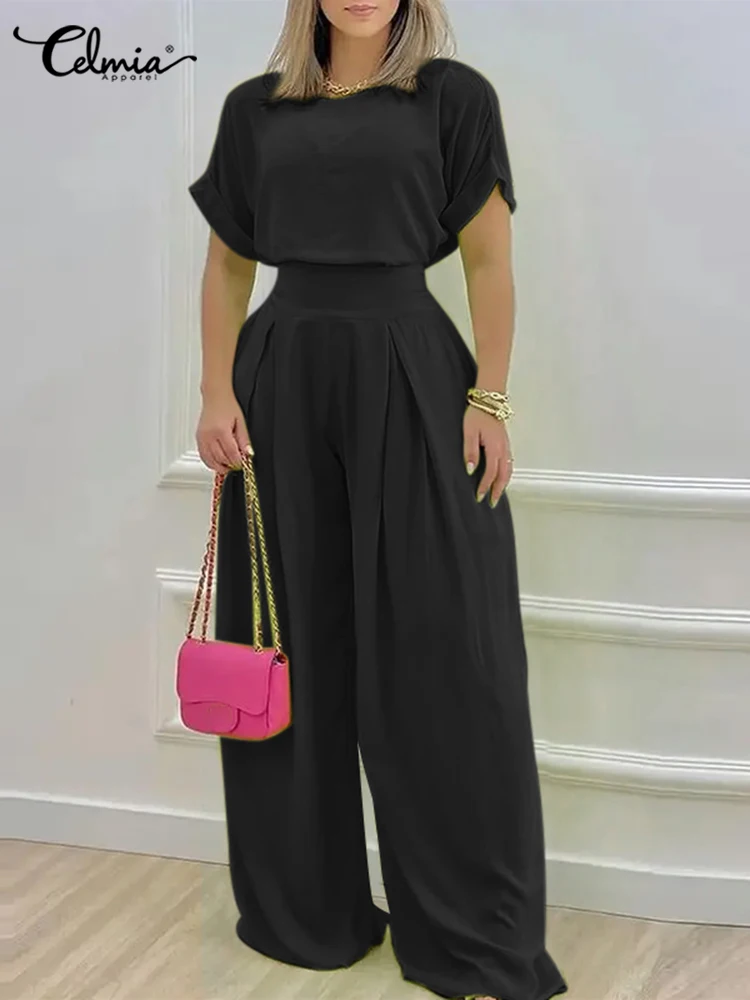 

Celmia Y2K Fashion Pant Sets Pleats Short Sleeve Tops and Wide Leg Pant Women Casual Loose 2PCS Trousers Sets Holiday Outfits