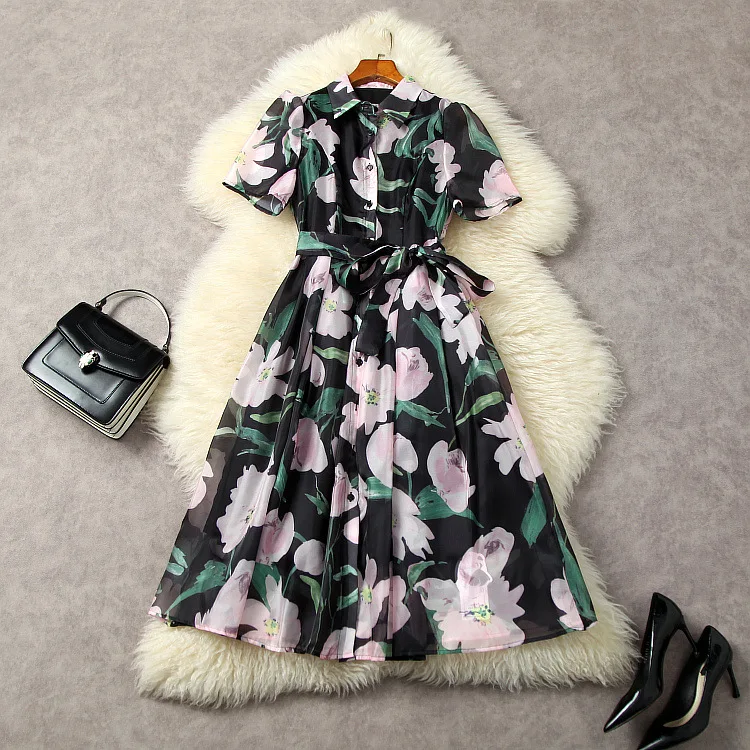 

Женская одежда в европейском и американском стиле, новинка весны 2023, однобортное модное платье с поясом и отложным воротником и коротким рукавом и цветочным принтом