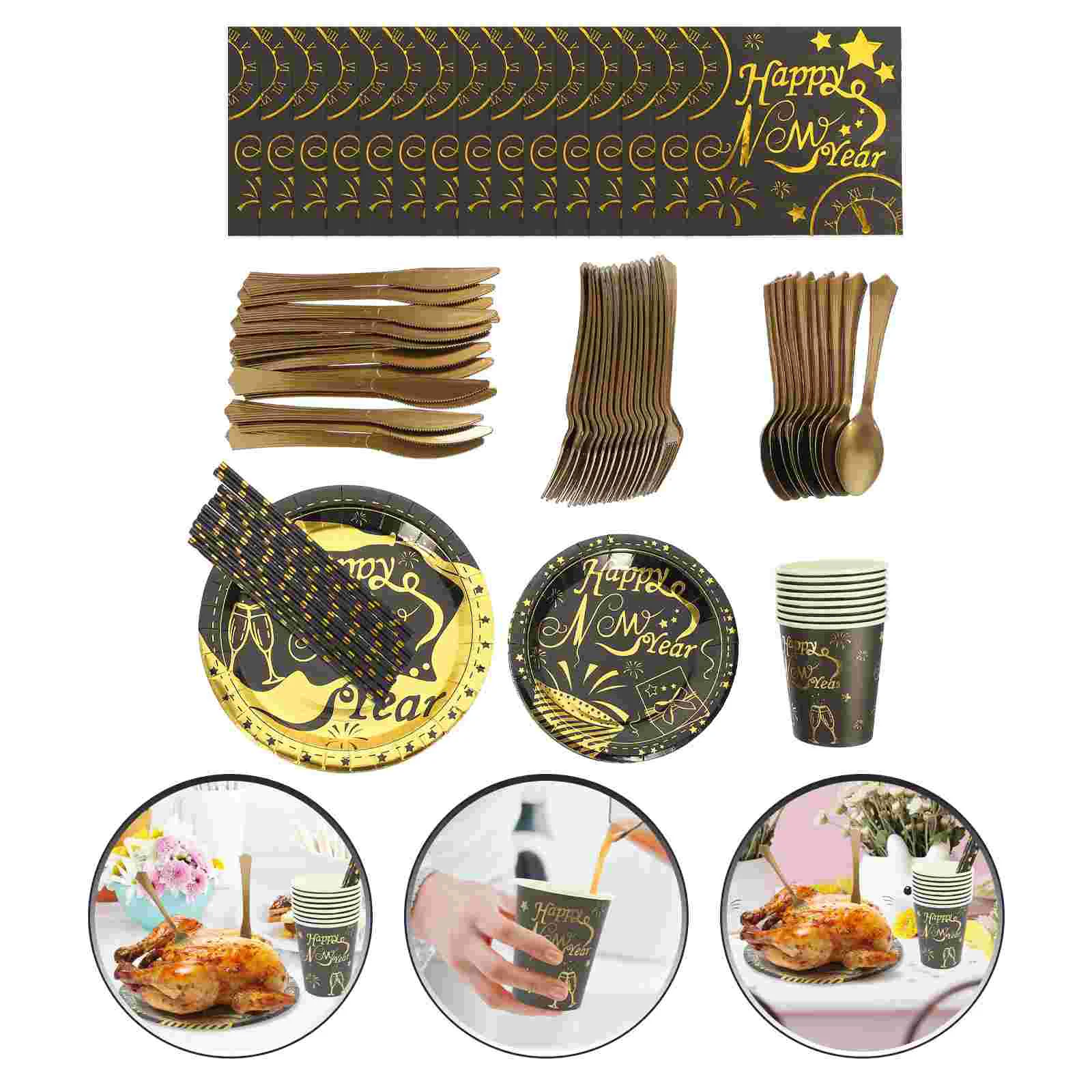 

Party Tableware New Year Disposable Plates Paper Plate Dishcups Dinnerware Supplies Kit Fruit Household Meal Decorations Napkins