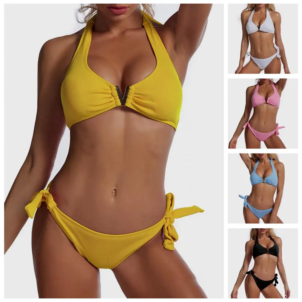 

2 шт./комплект, однотонные пляжные бикини с открытой спиной