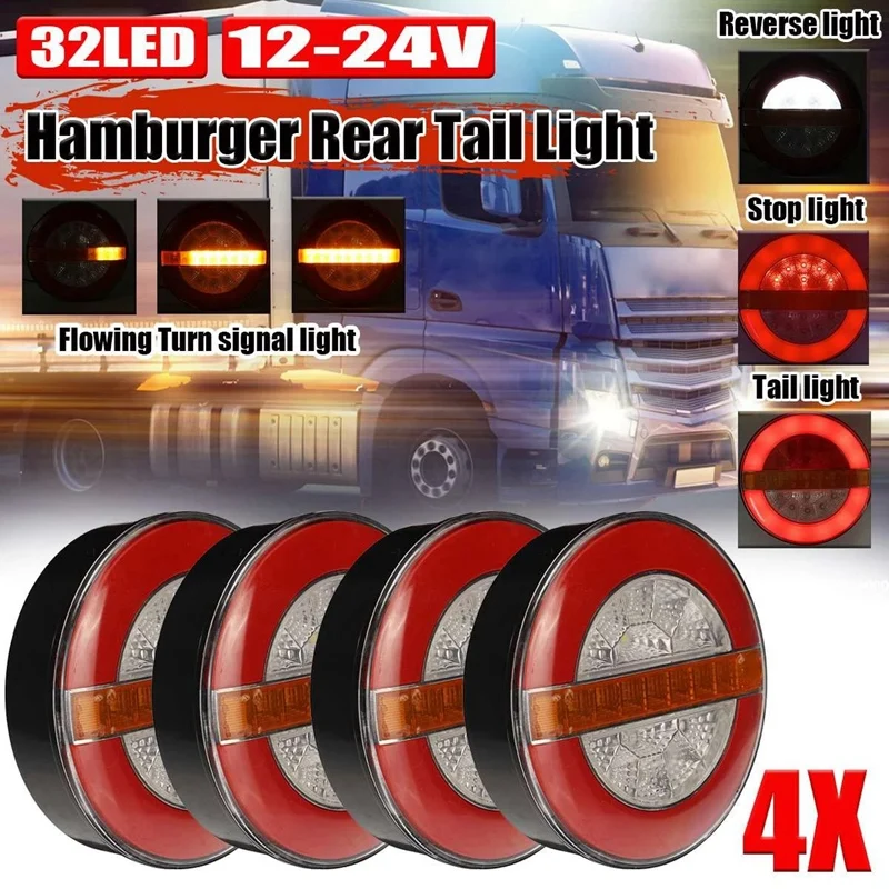 

4X 12-24V 32 LED Trailer Hamburger Rear Tail Light Driving Stop Turn Signal Reverse Light For Truck Lorry Van Caravan