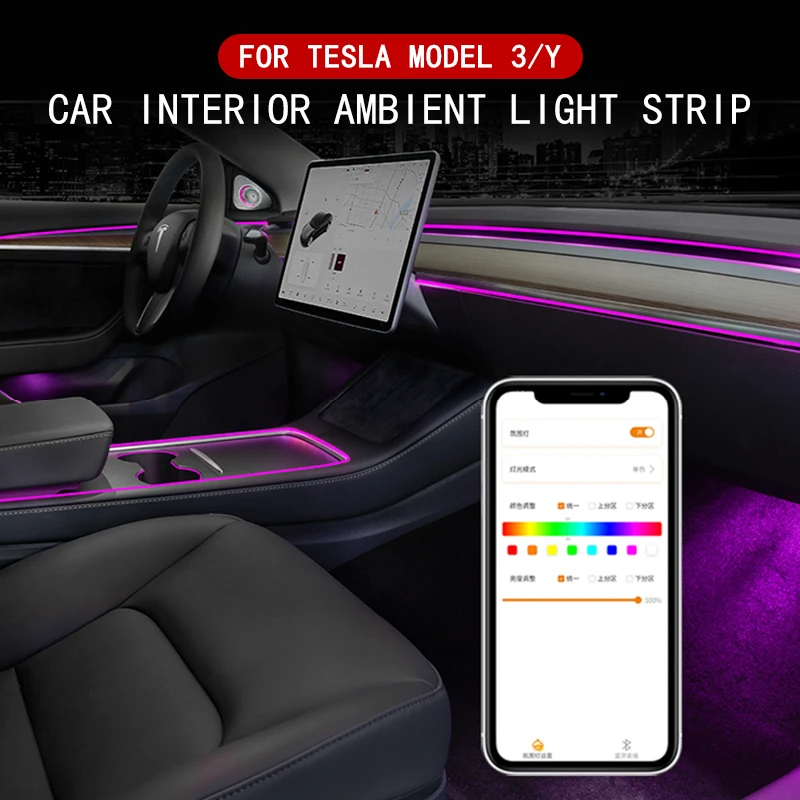 

Новинка 2021 г., внутренняя неоновая подсветка Tesla Model 3 Y для салона автомобиля s, центральная консоль, освещение приборной панели, окружасветильник, управление через приложение, светодиодная ленсветильник s