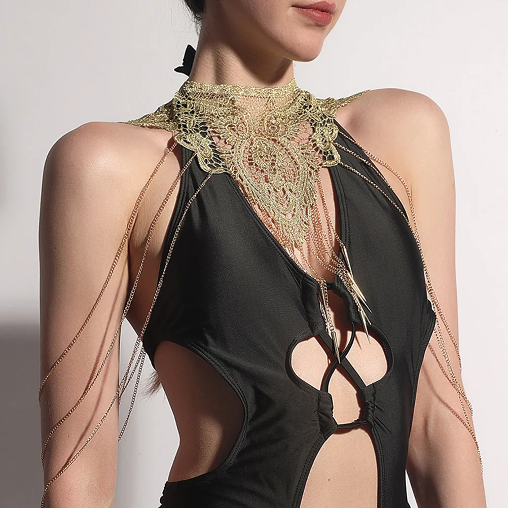 

Woman Body Tassel Lace Chain Sexy Girl Bra Cross Bikini Gold Necklace Within Hollow Out Body Chain Jewelry for Women Beach Party