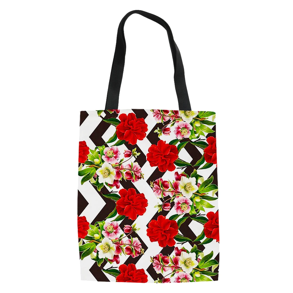 Striped Floral Style Print Handbag Daily High Quality Shopping Bag Reusable Travel School Unisex Beach Handle Bag.