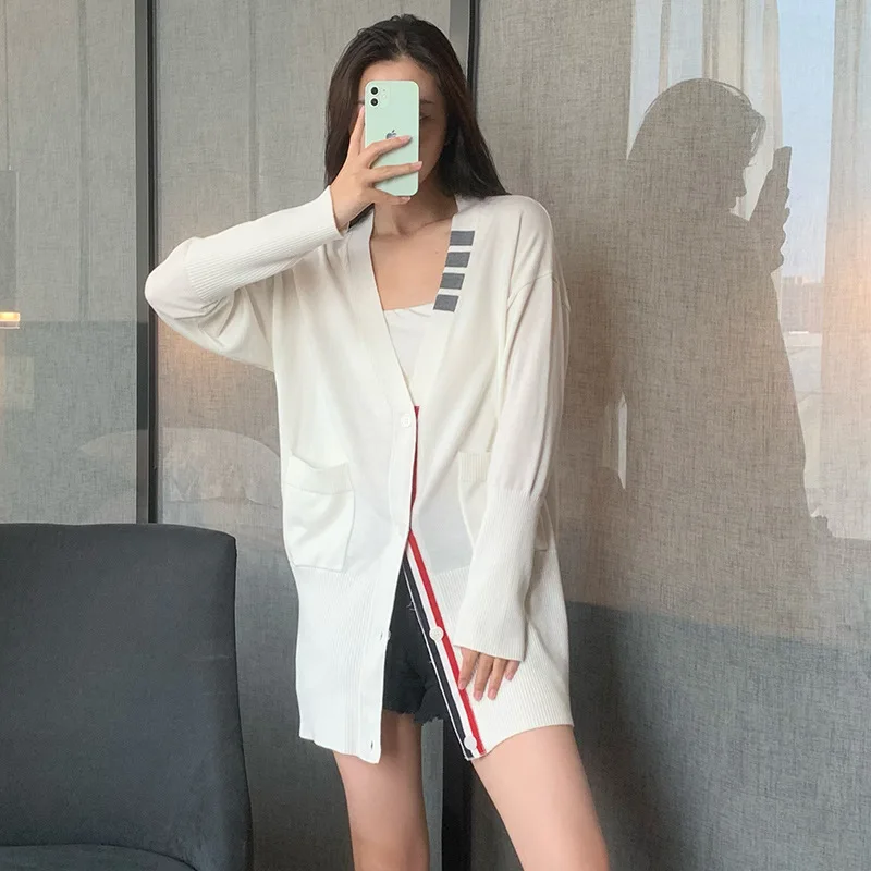 

High Quality Korean Style Autumn/Winter New TB Collar Edge Four Bar V-Neck Stripe Contrast Knit Mid Length Casual Cardigan Coat