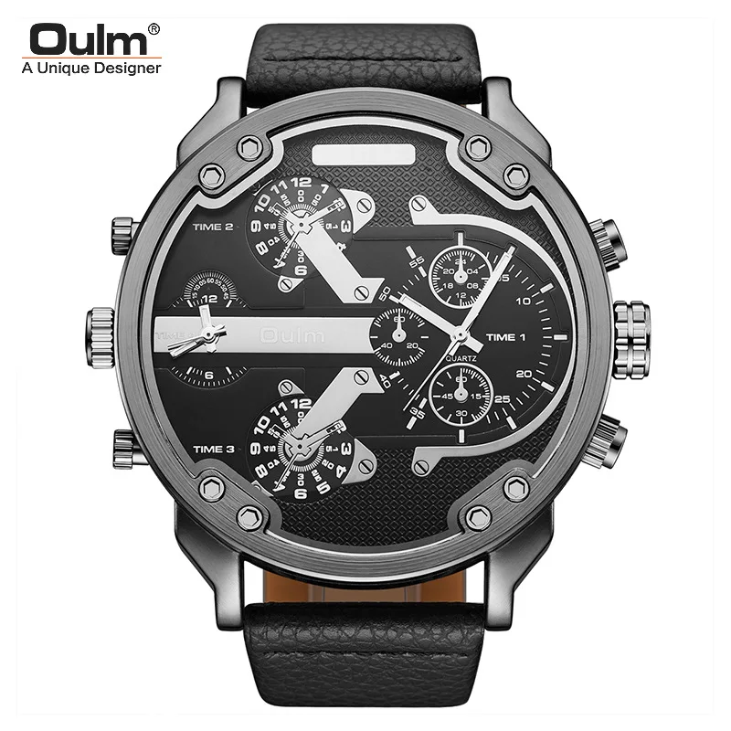 

Oulm Brand New Famous Designer Mens Watches Tual Time Zone Quartz Watch Big Dial Military Quartz Wristwatch Relogio Masculino