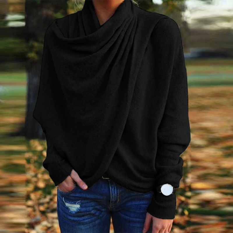 

Women Top Chic Long Sleeve Irregular Pleated Shirt Clothing Spring Autumn Lady Pullover Casual Scarf Collar Loose Commute Shirt