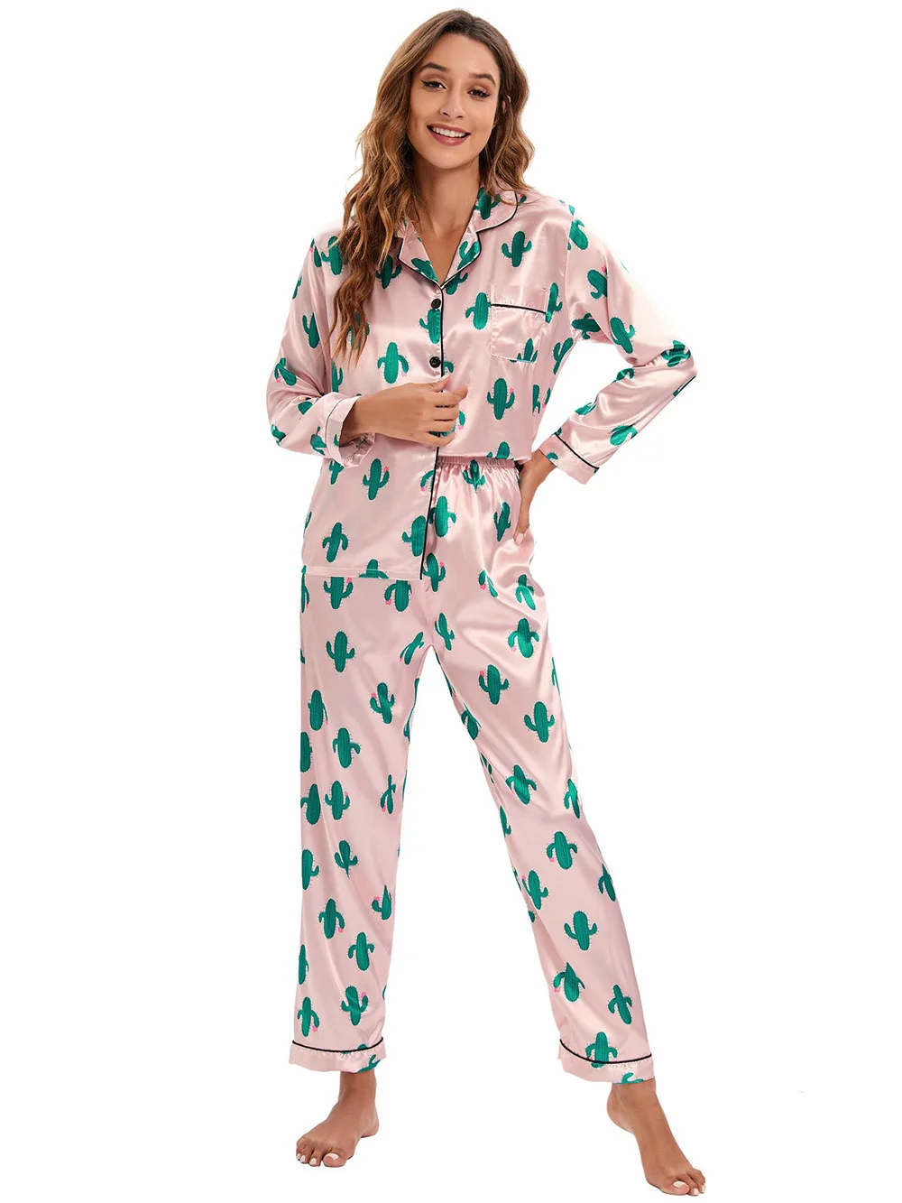 Womens Satin Pajamas Print Cactus Long Sleeve Sleepwear Silky Soft Button Down Loungewear Set Loose Leisure Homewear