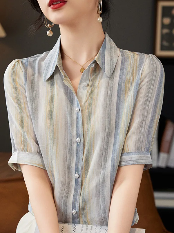 Элегантная рубашка BirdTree из 100% натурального шелка Женская Полосатая Рубашка С