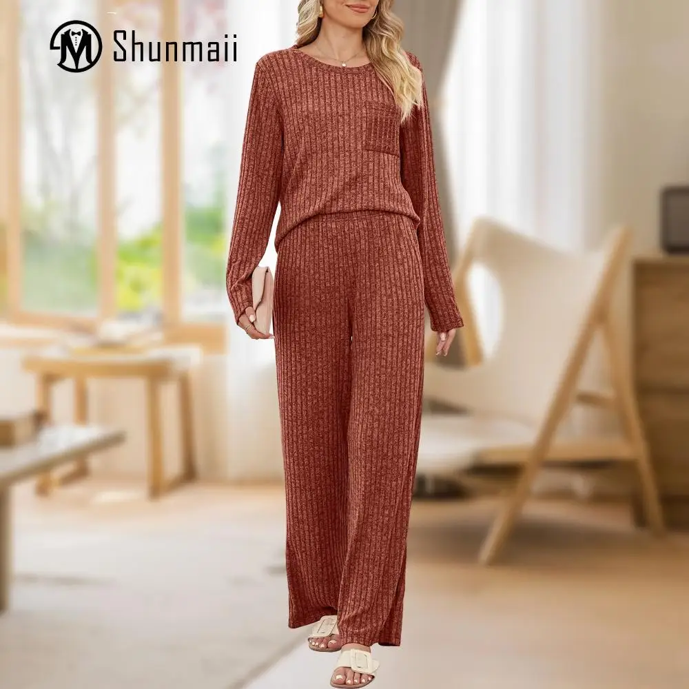 

Women 2 Piece Lounge Outfits Comfy Knit Crewneck Shirt & Wide Leg Pant Set Simple Long Sleeve Tops & Trouser Suit Loungewear Set