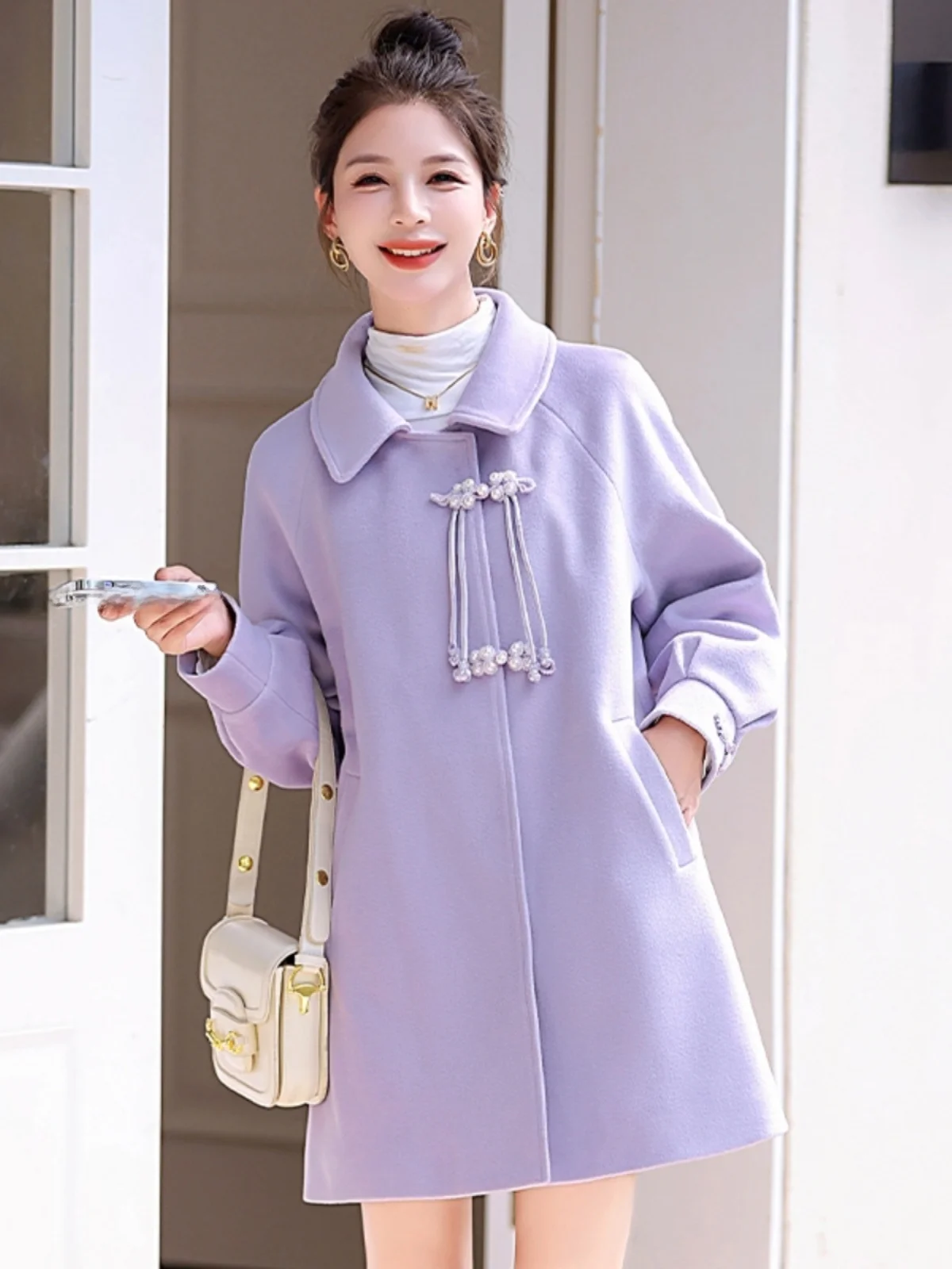 Jiaxing фиолетовое двустороннее шерстяное пальто для женщин новинка 2024